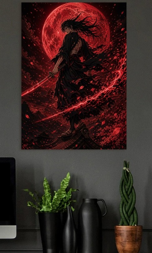 Samurai Under a Blood Moon — metal poster wall art by Lineer